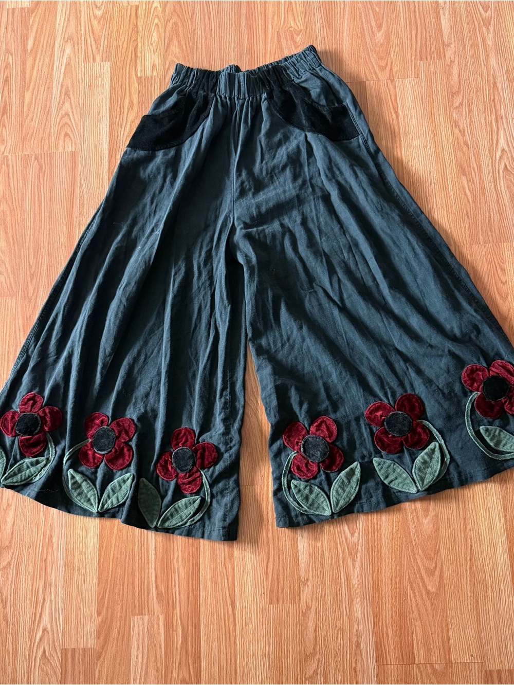 Handmade Women’s Wide-Leg Floral Embroidered Pants - Black - Picture 2 of 5